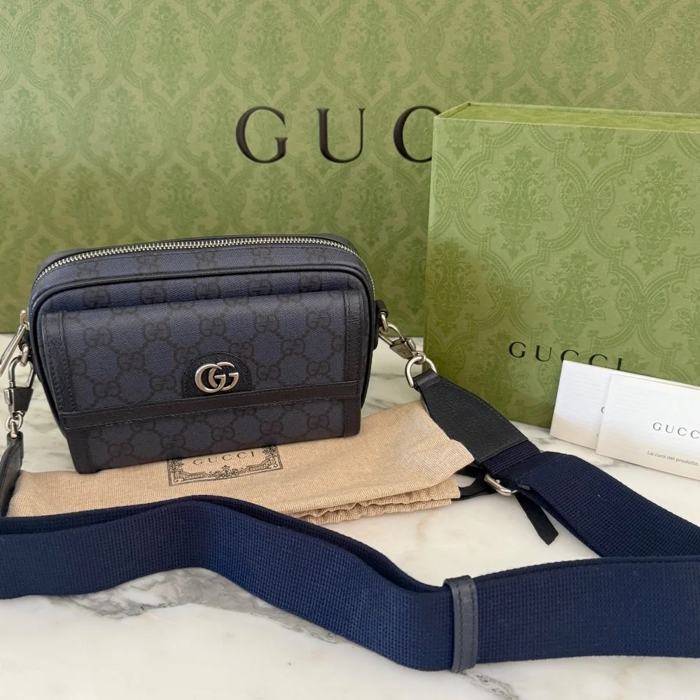 GUCCI GG MINI SHOULDER BAG GG SUPREME/SILVER HARDWARE 746308, Blue‎ Canvas